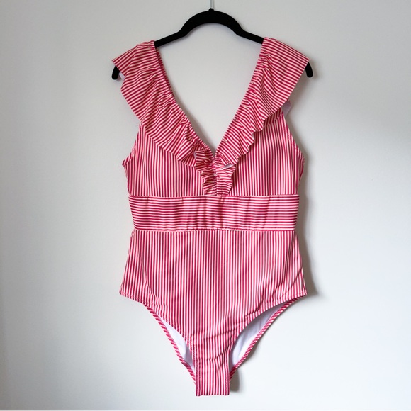 Red and Cream Striped One Piece Pinup Style Swimsuit Size XL - Picture 1 of 3